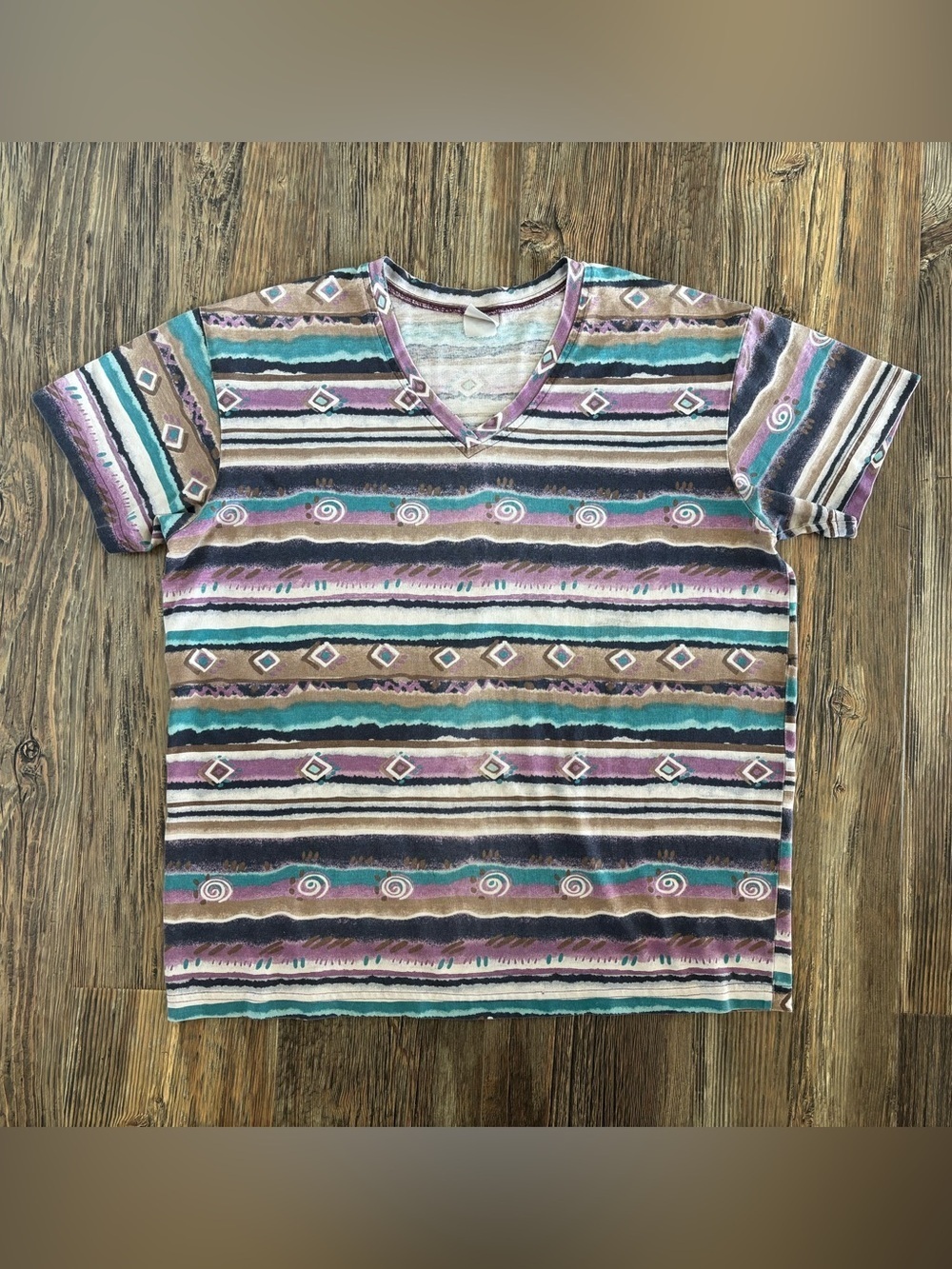 Vtg Cherokee V-Neck S/S Tee Shirt Womens Lg Stripes Geometric Earthy Tones Retro